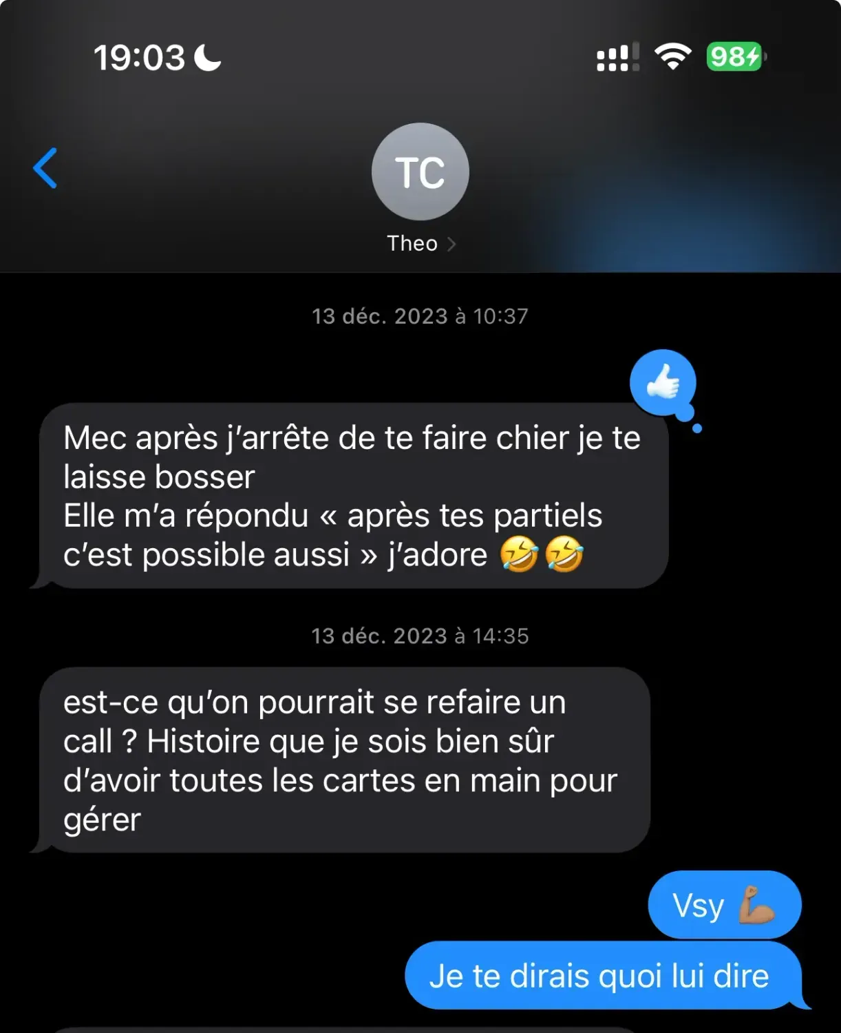 Continuation of the original French conversation after an ex returned