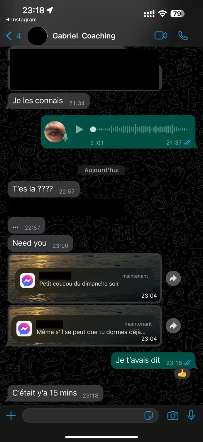 Original French conversation showing new messages received after coaching